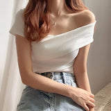 Yipinpay Slash Neck Tee Black Irregular Short Sleeved T Shirt Oversize Tops Solid Wild Sexy Clothes Women T Shirt White Blouse