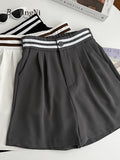 yipinpay Office Ladies Suit Shorts Striped Elastic Waist Pockets Chic Korean Fashion Wide Leg Short Pants Women Summer Casual