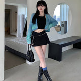 Yipinpay E Girl Black Mini Skirt Women Punk Sexy Chain Belt Slit Korean Cute High Waist A-line Micro Skirt Y2K Skort Streetwear