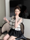 Yipinpay Sweet Shirts Women Polka Dot Lace Up Flying Sleeve Square Collar Crop Tops Slim Elegant Blouse Female Summer Casual