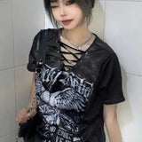 Yipinpay Subcultural Retro Lace up V-Neck Loose Print T-shirt Y2K Top Summer Short Sleeve Tshirts Women Harajuku Clothing Female