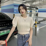 Yipinpay for Women O Neck Hollow Out Puff Short Sleeve Sweater Tops Jumper Jersey Slim Bow White Twist Sweater Pullover Sueter