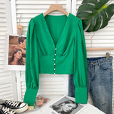 Yipinpay Women Blusas Casual Long Sleeve Elegant Sexy V-neck Blouses Ladies Buttons Crop Top Female Slim Fashion White Shirts