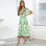 Yipinpay Summer New Large Size Retro Exotic Printed Long Dress Bohemian Seaside Vacation Beach Dress Women