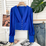 Yipinpay Women Blusas Casual Long Sleeve Elegant Sexy V-neck Blouses Ladies Buttons Crop Top Female Slim Fashion White Shirts