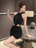 Yipinpay Woman Dress Sleeveless Halter Velvet Patchwork Mesh Hollow Out Slim Stretch Backless Party Dresses Elegant Female