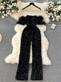 Yipinpay Autumn Elegant Sexy Black Jumpsuits 2024 Europen Fashion Off the Shoulder Feather Patchwork Sequins Slim Long Playsuit