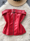 Yipinpay Strapless PU Leather Mini Tops for Women Chic Backless Tank with Zipper Belt Slim Design Club Fashion Sexy Camisole