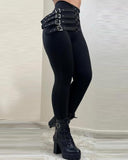 Yipinpay Fashion Elegant Women's High Waist Buckled Skinny Pants Casual Trouser Bottom Female Clothing Outfits for Women