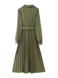 Yipinpay Pleated Long Dresses For Women Green Shirt Dress Woman Long Sleeve Midi Dresses Autumn Winter 2023 Women's Elegant Dress