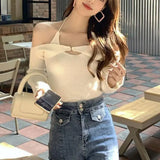 Yipinpay Halter Top Sueter Mujer Pullover Crop Y2k Spring Slash Neck Pullover Blue Sweaters Women's Clothing Off Shoulder Knitted