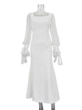 Yipinpay White Ruffled Mesh Maxi Dress For Women High Waist Fashion Elegant Patchwork Slim Party Dress Female Lace-Up Long Dress