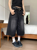 Yipinpay Black Low Waist Washed Denim Short Pants Women Retro Fashion Casual Loose Fit Y2K Streetwear Wide Leg Jeans 2024 Summer