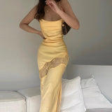 Yipinpay Womens Sling Dress Pure Color Lace Patchwork Backless Irregular Hem Sexy Dress Casual Simple Clothes Black White S M L