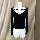 Yipinpay Fashion Simple Slash Neck Knitted Sweater Bow Fake Two Pieces Long Sleeve Slim Pullovers Black Chic Gothic Streetwear
