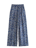 Yipinpay Blue Print Wide Leg Pants Women High Waisted Trousers Women Casual Baggy Pants Woman Fashion Summer Women's Pants Set