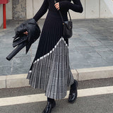 Yipinpay 2023 Autumn Winter Houndstooth Knitted Long Skirts Women Vintage Black High Waist Midi Pleated Skirt Elegant Casual