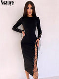 yipinpay Hollow Out Women Sexy Midi Bodycon Bandage Long Sleeve Night Club Fashion Dress Party 2023 Autumn Wrap O Neck Dress