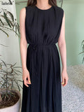 Yipinpay Sleeveless Pleated Dresses Chiffon midi vestidos Summer 2023 Simple Retro Dress Women Loose jurk Female Korean Solid Robe