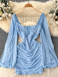 Yipinpay Fashion Sexy Slim Mini Dress Women Ruched Zipper Backless Lantern Sleeve American Streetwear Mesh Party Bodycon Dress