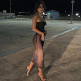 yipinpay Dress Strapless Sexy Dress Women See Through Summer Dress Bodycon Club Party Outfits Solid Streetwear Bling Black Dress