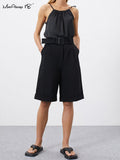 Yipinpay Office Ladies Black Classy Shorts Elegant High Waisted Pleated Hot Pant With Belt Summer Women Wide Leg Shorts 2023