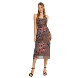 Yipinpay Women Vintage Sling Dress Spaghetti Straps Pleated Flower Print Lace Tulle Patchwork Summer Evening Party Midi Dress