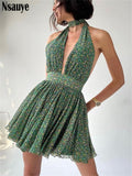 yipinpay Summer Print Floral Halter Sleeveless A-Line Dresses 2023 Casual Beach Party Women Low Cut Pleated Slim Mini Dress Green