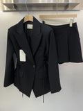 Yipinpay Short Suits Black Blazer Solid Spring Bandage Jacket Temperament Two Piece Sets Women Ruffle Skirts Sets Y2k OL Coat