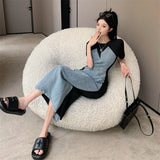 Yipinpay Two Piece Denim Dress Vestidos De Mujer Short Sleee Summer Dress Y2k Casual Maxi Dresses for Women Robe Femme Jeans