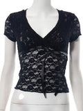 Yipinpay MO Women Summer Sexy Lace V Neck See Through Crop Tops Shortsleeve Bandage Slim T-shirt Tee Party Club Girls Sexy Vest