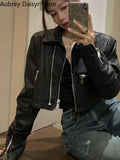 Yipinpay Black Cropped Leather Jacket Women Streetwear Zipper Moto Leather Jacket High Street Vintage Soft Faux Leather Coats 2023
