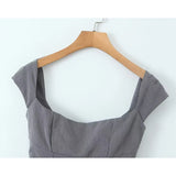 Yipinpay Y2K Women Lace Up Bandage Back Gray Crop Top Short Sleeve Square Neck Ladies Sexy Chic Tops