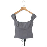 Yipinpay Y2K Women Lace Up Bandage Back Gray Crop Top Short Sleeve Square Neck Ladies Sexy Chic Tops