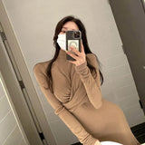 Yipinpay Hip Stretch Khaki Half Turtleneck Mermaid Dress Women Bodycon Vestido Feminino Wild Autumn Bottom Black Knit High Waist