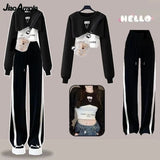 Yipinpay Spring Autumn Women's Tracksuit Set Korean Fashion Short Long-sleeved Sweater+Vest+Casual Wide Leg Pants Three-piece Suit