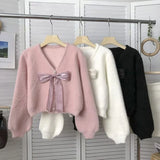 Yipinpay Elegant Cardigan Women Bow Bandage V Neck Autumn Single Breasted Sweet Cropped Sweater Outwear Loose Ladies