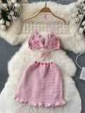 Yipinpay Summer Knitted Beach Two Pieces Sets 2024 Sleeveless Strap Top+Mini Skirt Sets Strawberry Sweet Ruffles Vacation Suits