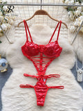 Yipinpay Strap PU Leather Sexy Bodysuits Ladies Sleeveless Hollow Out Lingerie Erotic Nightwear Fashion Backless Sexy Playsuits