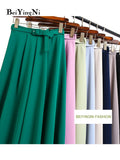 Yipinpay Women Vintage Suit Skirt With Belt Elegant Korean 2023 Casual Fashion Elastic Waist A-line Midi Skirts Office Ladies