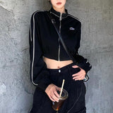 Yipinpay Grunge Zip Up Hoodie Streetwear Women Korean Fashion Casual Slim Sweatshirts Striped Black Long Sleeve Cropped Hoodie