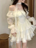 Yipinpay Sleeve Elegant Mini Dress Lolita Pure Color Short Party Dress Woman Casual 2024 Spring Sweet One Piece Dress Korean Fashion