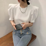 Yipinpay Right Shoulder Puff Short Sleeve T-shirts Summer Women's Crop Tops Cotton Tees Solid Wild O Neck Chain Tshirt Casual