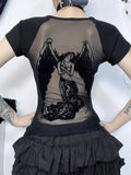 Yipinpay Retro Angel Print T-shirt for Women 2024 summer Fashion Slim Fit Tee Shirt Y2k Long Sleeve Bottoming Tops Mujer koreran fa
