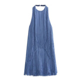 Yipinpay Blue Fringed Mini Dress Woman Halter Backless Dress Summer Sexy Short Dresses For Women 2023 Evening Party Dresses For Prom
