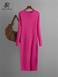 Yipinpay Autumn Skinny Knitted Dress Female O Neck Split Outerwear Fashion Korean Style Office Lady Solid Slim Sweater Dress