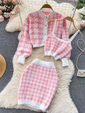 Yipinpay Fashion Plaid Knitted Three Pieces Suits Autumn Button Cardigan Top+Mini Camis+Elastic Short Skirt Women Sweater Sets