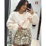 Yipinpay Bow Loose Pullover Women Elegant Red O-neck Long Sleeve Short Sweatershirts 2024 Spring Fashion Lady Casual Outwear Tops