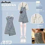 Yipinpay Women's Summer Dress Suit 2024 New Fashion Short Sleeve Shirt+Denim Strap Skirt Two Piece Korean Elegant Casual Matching Set