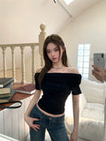 Yipinpay Hot Girl Sexy Black Off Shoulder Short-sleeved T-shirt Women's Summer Tight Waist Short Slash Neck Top Female Clothes
